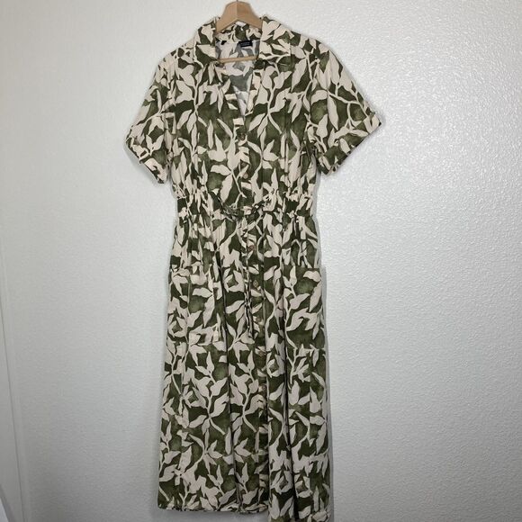 ZARA Shirt Dress Womens XL Green Cream Leaf Print Button Front Belted Midi - Picture 5 of 16